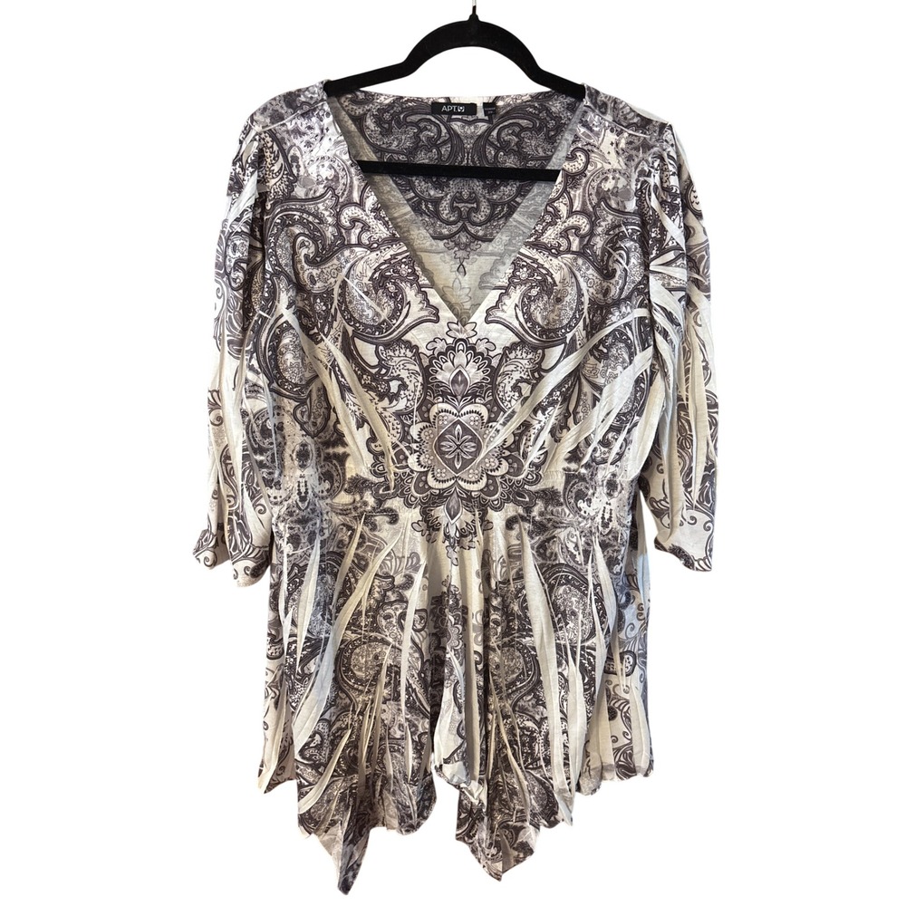 Apt. 9 Womens 2X Paisley Medallion Smocked Waist Handkerchief Hem Tunic Top Grey